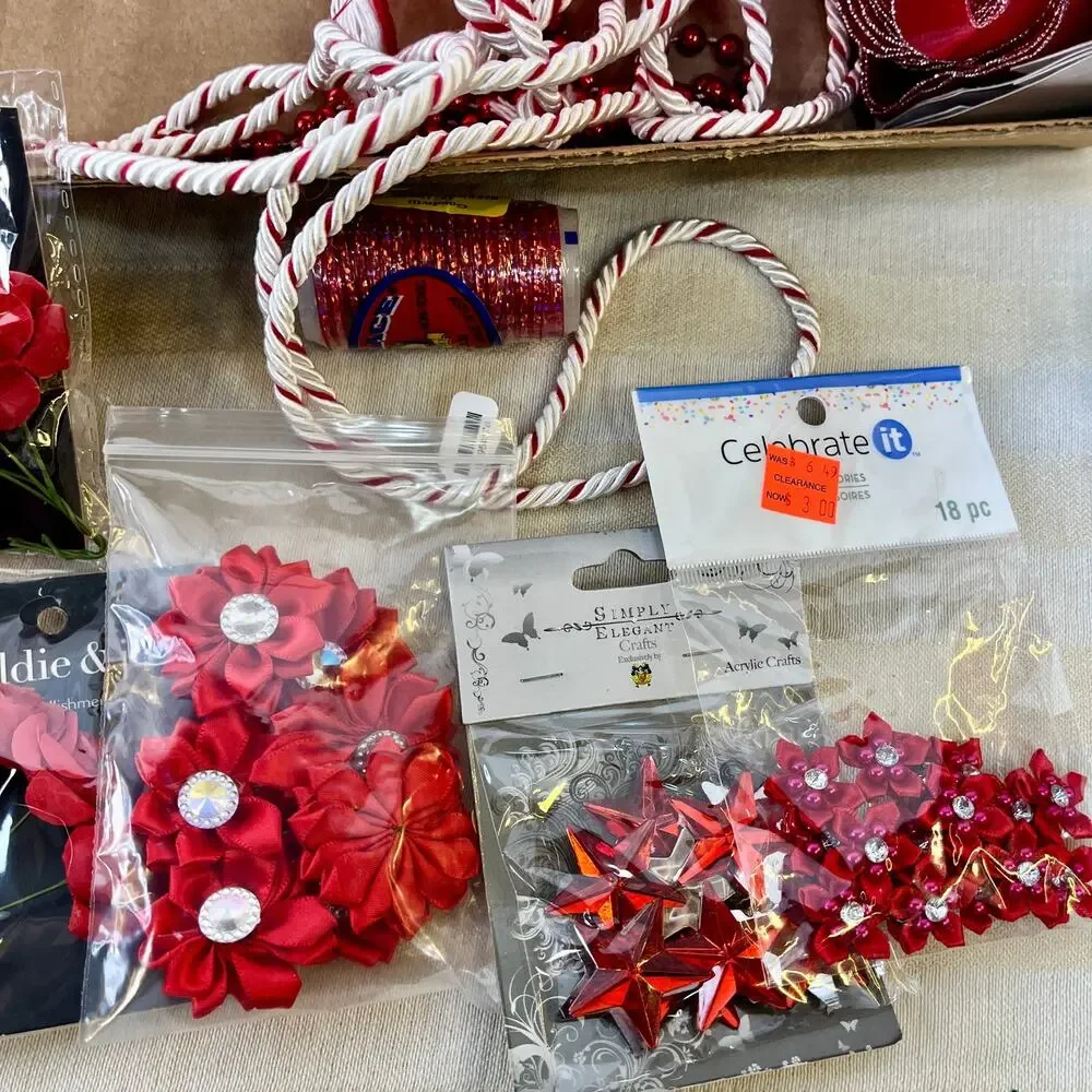 Red Craft Trim Destash Lot Artificial Floral Ribbons Beads Acrylic Embellishment